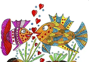 Isolated Animal Illustrations Drucke: Two fish with hearts, white background