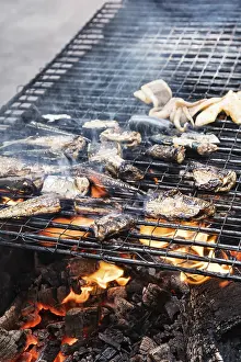 Grilled Seafood Drucke: Fish is preparing on grill seafood