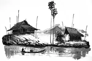 Southeast Asia Fishing Scene Drucke: Fisherman returning with his catch