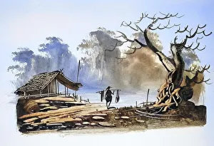 Fishing Village Scenery Drucke: Fisherman returning with his catch