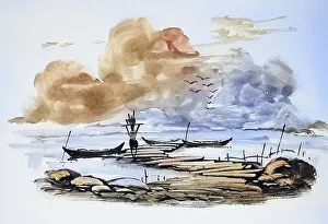 Fisherman With Catch Drucke: Fisherman returns with his catch