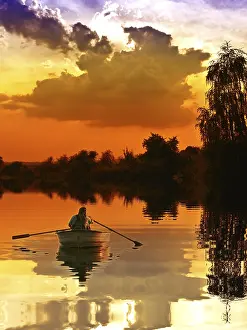 Atmospheric Dusk Landscape Drucke: Fishing at Sunset