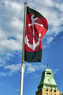 Swedish Harbour Drucke: Flag with anchor against a slightly cloudy sky