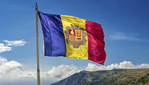 Andorra Flag Drucke: The flag of Andorra flutters in the wind