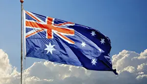 Australian Flag Drucke: The flag of Australia flutters in the wind