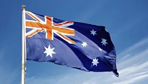 Australian Flag Drucke: The flag of Australia flutters in the wind
