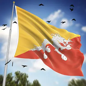 Drucke von Flagge von Bhutan, Dies ist eine computer generierte und 3D-gerechnete Abbildung Bhutan Drucke: Flagge von Bhutan, Dies ist ein computer generierter und 3D gerenderter Bild.