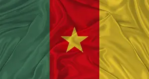 Drucke von Ein naiver Blick auf die Flagge Kameruns, mit einem lebendigen Stofftextur. Die kamerunische Fahne weht majestätisch in der Luft Kamerun Drucke: Flagge von Kamerun mit Stofftextur, Detailaufnahme