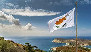 Cyprus Flag Drucke: The flag of Cyprus flutters in the wind