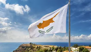 Cyprus Flag Drucke: The flag of Cyprus flutters in the wind