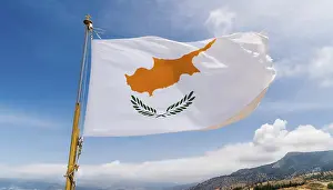 Cyprus Flag Drucke: The flag of Cyprus flutters in the wind