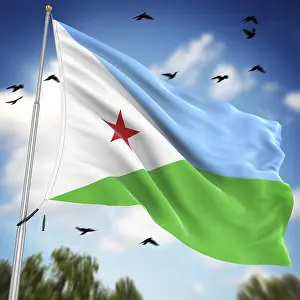 Verwandte Bilder Drucke: Flagge von Djibouti. Dies ist eine computer-generierte und 3D-gerenderte Abbildung.