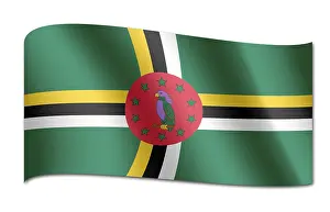 Drucke von Die Flagge von Dominica zeigt einen blauen Hintergrund mit einem weißen Kreis, der ein Palmblatt enthält. Im Zentrum des Palmblatts befindet sich ein stilisiertes Bild eines Diamanten Dominica Drucke: Flagge Dominikas