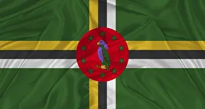 Drucke von Flagge von Dominica mit Stofftextur. Nahansicht der wehenden Flagge von Dominika Dominica Drucke: Flagge von Dominica mit Stofftextur.