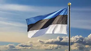 Blue Sky National Emblem Drucke: The flag of Estonia flutters in the wind