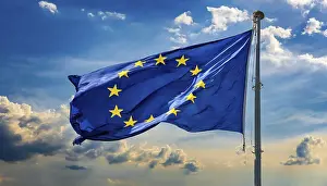 Digital Composing Concept Drucke: The flag of the EU flutters in the wind