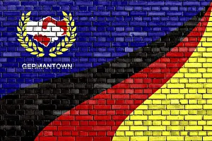 Drucke von Banner von Germantown auf Ziegelmauer gemalt Alabama Drucke: Flagge von Germantown auf Ziegelmauer gemalt.