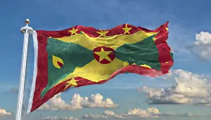 Drucke von Die Flagge von Grenada, Karibik, flattert im Wind, isoliert, gegen den blauen Himmel Verwandte Bilder Drucke: Das Flaggen von Grenada, Karibik.