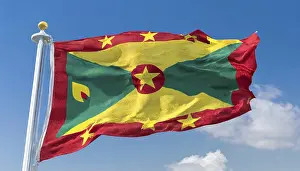 Drucke von Die Flagge von Grenada, Karibik, flattert im Wind, isoliert, gegen den blauen Himmel Verwandte Bilder Drucke: Das Flagge von Grenada, Karibik.