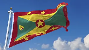 Drucke von Die Flagge von Grenada, Karibik, flattert im Wind, isoliert, gegen den blauen Himmel Verwandte Bilder Drucke: Die Flagge von Grenada, Karibik.