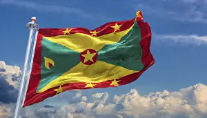 Drucke von Die Flagge von Grenada, Karibik, flattert im Wind, isoliert, gegen den blauen Himmel Verwandte Bilder Drucke: Das Flagge von Grenada, Karibik.