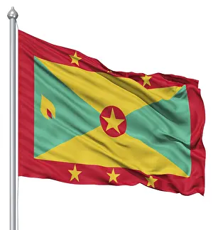 Drucke von Die Flagge von Grenada mit Fahnenmast, der im Wind wackelt, gegen weißen Hintergrund Verwandte Bilder Drucke: Fahne von Grenada mit Flaggenmast, der im Wind weht, gegen weißen Hintergrund.
