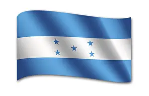 Drucke von Die Flagge von Honduras besteht aus drei horizontalen Streifen in den Farben blau, weiß und blau. Im oberen linken Winkel befindet sich das Nationalwappen des Landes Honduras Drucke: Flagge von Honduras