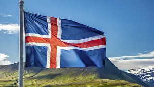Blue Sky Photography Europe Drucke: The flag of Iceland flutters in the wind