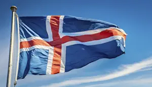 Digital Composition Of A Flag Drucke: The flag of Iceland flutters in the wind