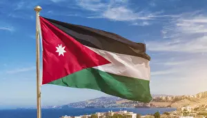 Western Asia Flag Design Drucke: The flag of Jordan flutters in the wind