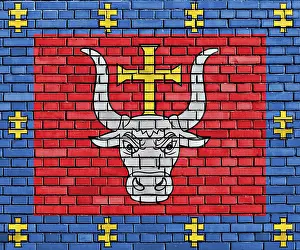 Drucke von Wappen des Bezirks Kaunas auf Ziegelmauer gemalt Litauen Drucke: Flagge des Kauno Rajono auf Ziegelmauer.