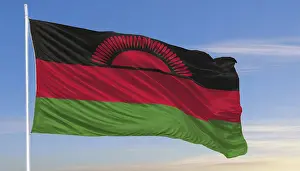 Drucke von Die Flagge von Malawi flattert im Wind, isoliert, gegen den blauen Himmel Verwandte Bilder Drucke: Das Flagge von Malawi flattert im Wind.