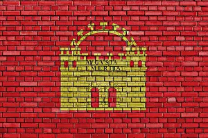 Deserted Brick Wall Image Drucke: Flag of Merida painted on brick wall