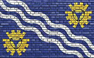Abstract Brick Designs Drucke: Flag of Merseyside painted on brick wall