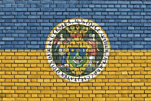 Central Europe Brick Structures Drucke: Flag of Pecs painted on brick wall