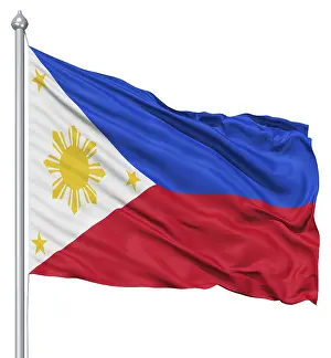 Bright White Background Images Drucke: Flag of Philippines with flagpole waving in the wind against white background