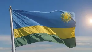 Digital Composing Techniques Drucke: The flag of Rwanda, fluttering in the wind