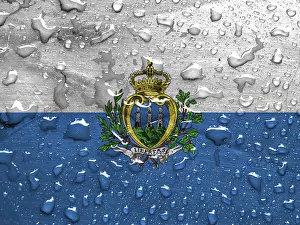 San Marino Drucke: Flagge von San Marino mit Regentropfen.