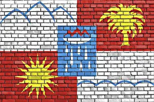 Flag On Brick Wall Drucke: Flag of Sochi painted on brick wall