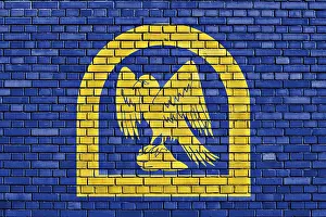 British Flag On Brick Wall Drucke: Flag of Wing painted on brick wall