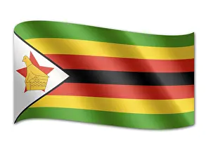 Drucke von Das Flaggenmotiv von Zimbabwe zeigt einen roten Schild mit einem grünen Bogen und einem goldenen Leopard Verwandte Bilder Drucke: Flagge von Simbabwe