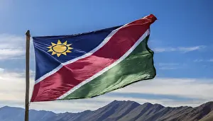 National Colors Blue And Red Drucke: Flags, the national flag of Namibia flutters in the wind