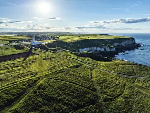 Northern Europe Scenic Views Drucke: Flamborough Lighthouse and Cliffs from a drone