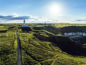 Drone Shot Of Lighthouse Drucke: Flamborough Lighthouse and Cliffs from a drone