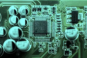 Close Up Electronic Components Drucke: Flat lay circuit board with capacitors