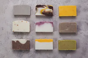 Flat Lay Composition Drucke: Flat lay composition with handmade soap bars