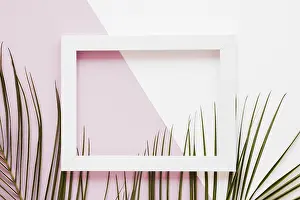 Deserted Office Workspace Drucke: Flat lay frame with leaves decoration