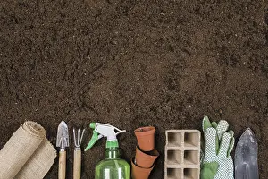 Gardening Concept Image Drucke: flat lay gardening composition with copyspace
