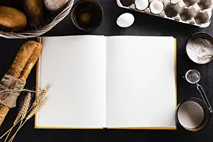 Vegetarian Food Photography Tips Drucke: Flat lay notebook bread ingredients