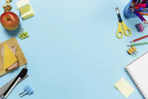 Office Supplies Drucke: Flat lay with school, work or creativity concept with various schooling accessories
